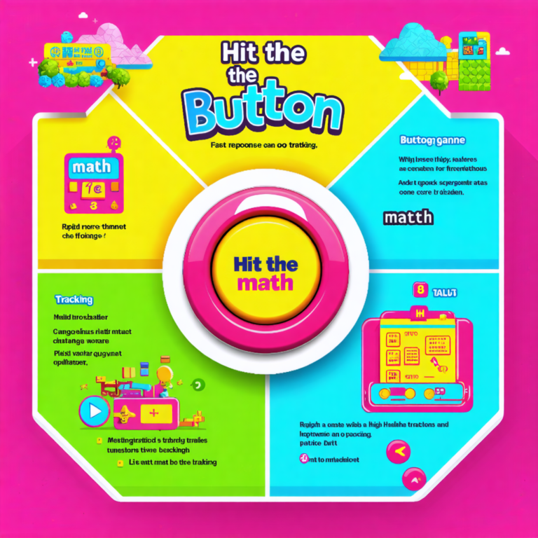 A brightly coloured infographic showing the core mechanics of the Hit the Button math game, highlighting rapid response challenges and score tracking.