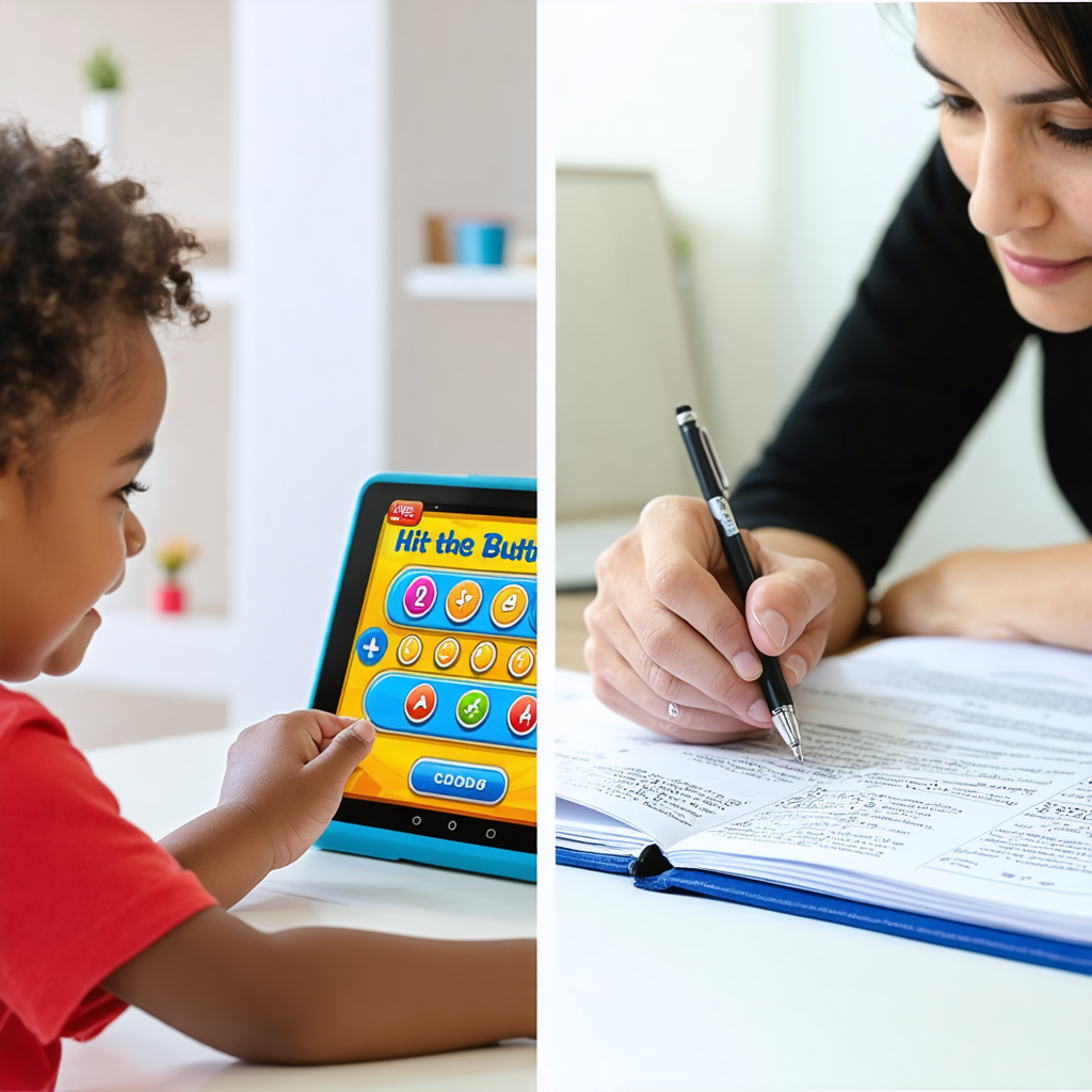 A split screen showing a child happily engaged with the Hit the Button math game on a tablet, contrasted with a separate image of a parent expressing concern while looking at a school report.