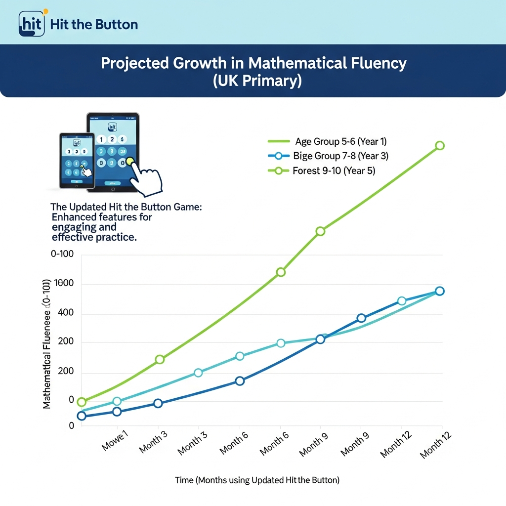 Infographic showing projected growth in mathematical fluency for UK primary school students using the updated Hit the Button game, with data points for different age groups.