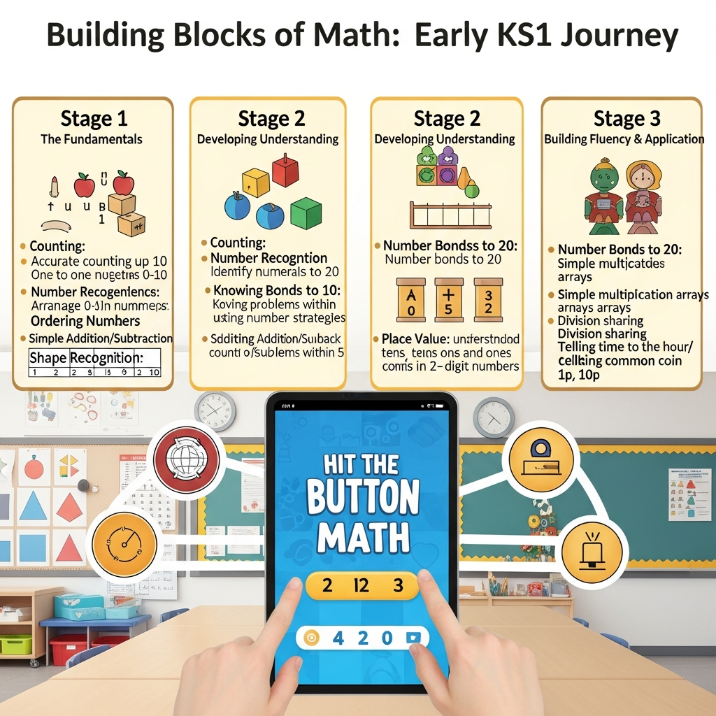 Infographic showing the progression of math skills in KS1, with 'Hit the Button Math' as a key tool for mental fluency.