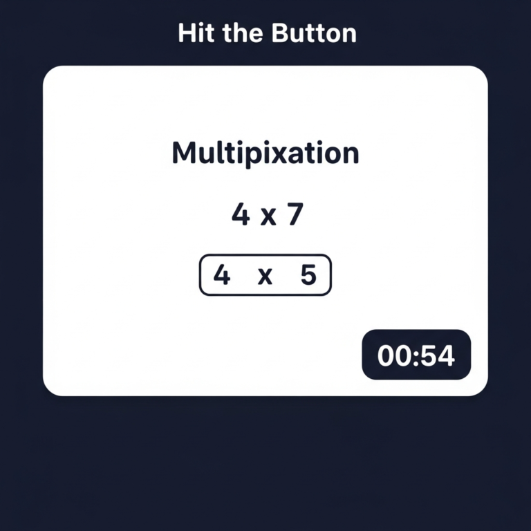 Screenshot of the Hit the Button Math game interface showing a multiplication question and timer.