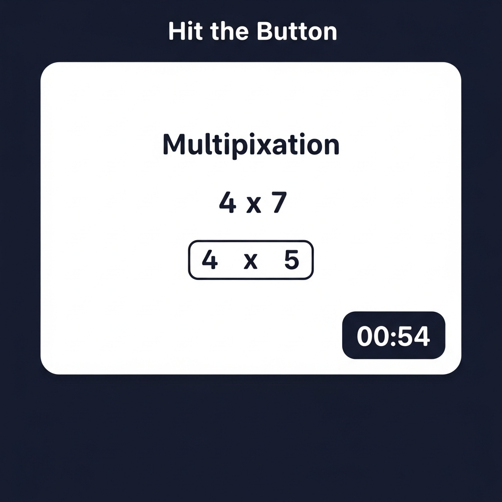 Screenshot of the Hit the Button Math game interface showing a multiplication question and timer.
