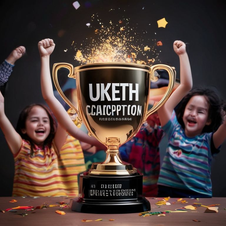 A celebratory graphic featuring a trophy icon and the text 'UK Math Champion' superimposed over a stylized image of children cheering.