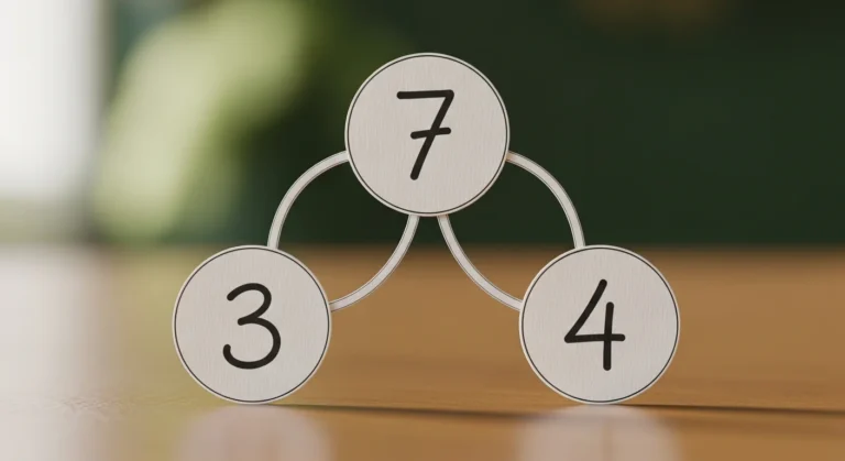 A clear visual representation of the number bond for 7, showing a central circle labeled '7' with two connected circles below, one labeled '3' and the other '4', illustrating 3 + 4 = 7