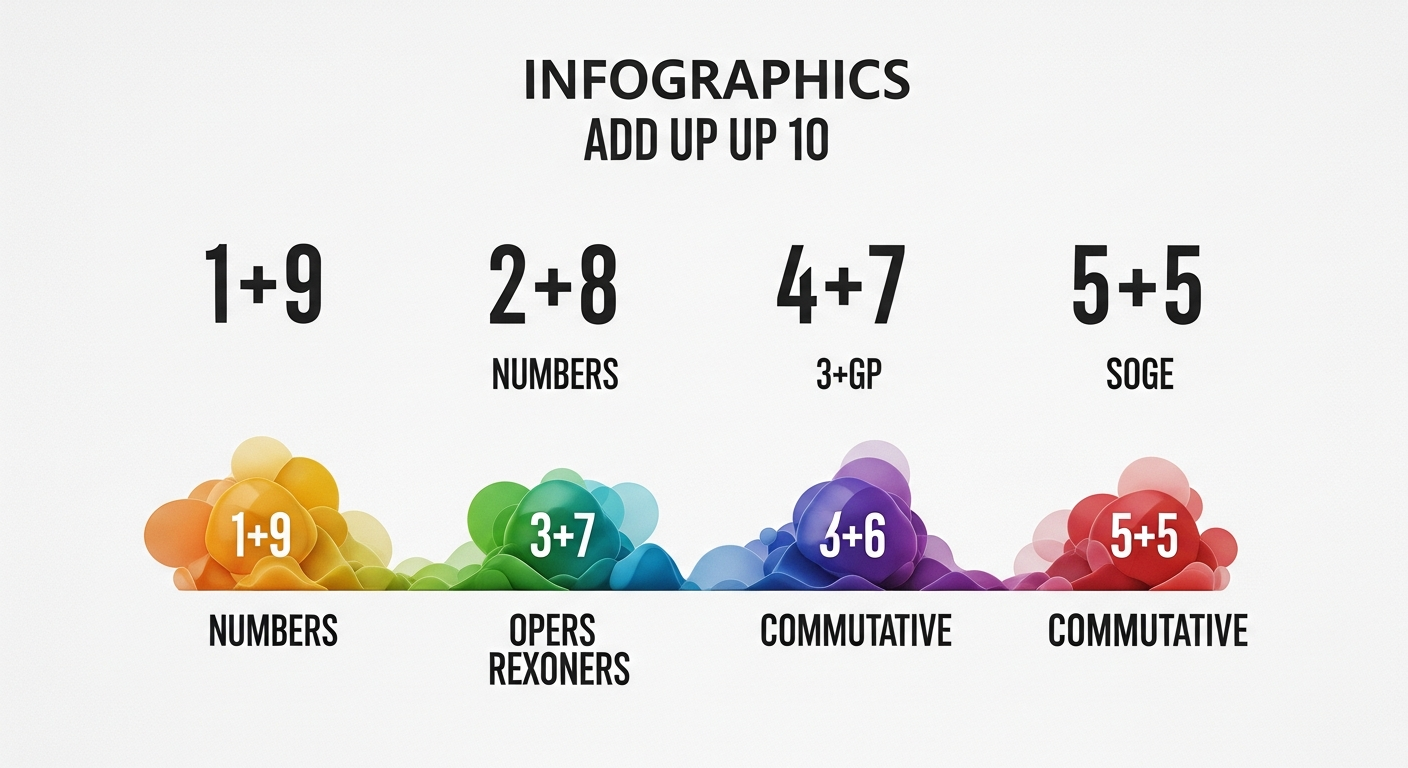 A colorful infographic illustrating pairs of numbers that add up to 10, such as 1+9, 2+8, 3+7, 4+6, 5+5, and their commutative counterparts.