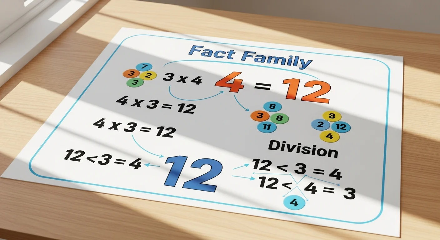 A colorful infographic showing the relationship between multiplication and division families of facts, visually demonstrating how 3x4=12, 4x3=12, 12÷3=4, and 12÷4=3.