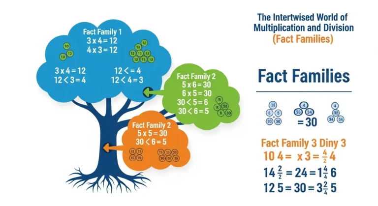A colorful infographic visually illustrating the relationship between multiplication and division through fact families, showing sets of related equations like 3x4=12, 4x3=12, 12÷3=4, and 12÷4=3.