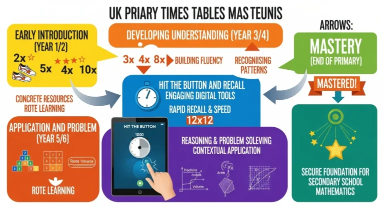 A colourful infographic showcasing the progression of times tables mastery in UK primary schools, highlighting the role of engaging digital tools like Hit the Button.