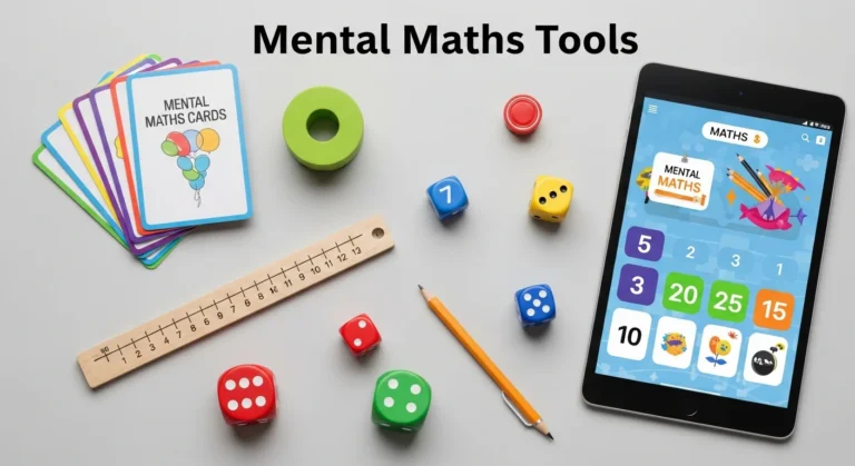 A colourful infographic showing a range of mental maths tools, including flashcards, a number line, dice, and a tablet displaying a maths game.