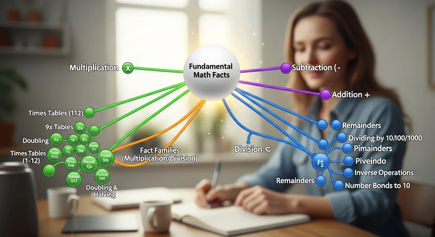 A diagram illustrating the interconnectedness of different math facts within Hit the Button, showing how mastery of one area, like multiplication, supports proficiency in others, like division and even larger addition/subtraction problems.