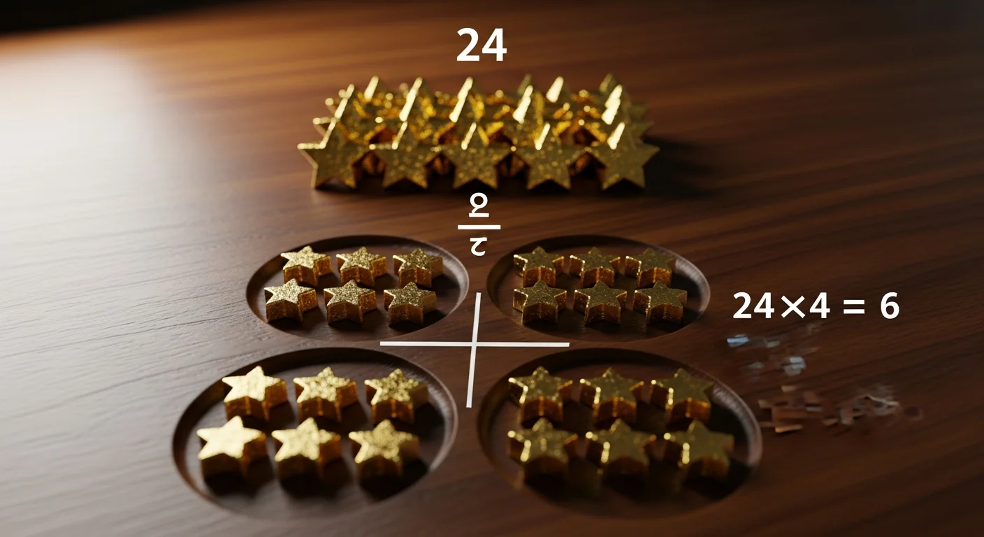 A diagram showing a set of 24 star-shaped counters being divided into 4 equal groups, with each group containing 6 stars. This visually represents the division problem 24 ÷ 4 = 6.