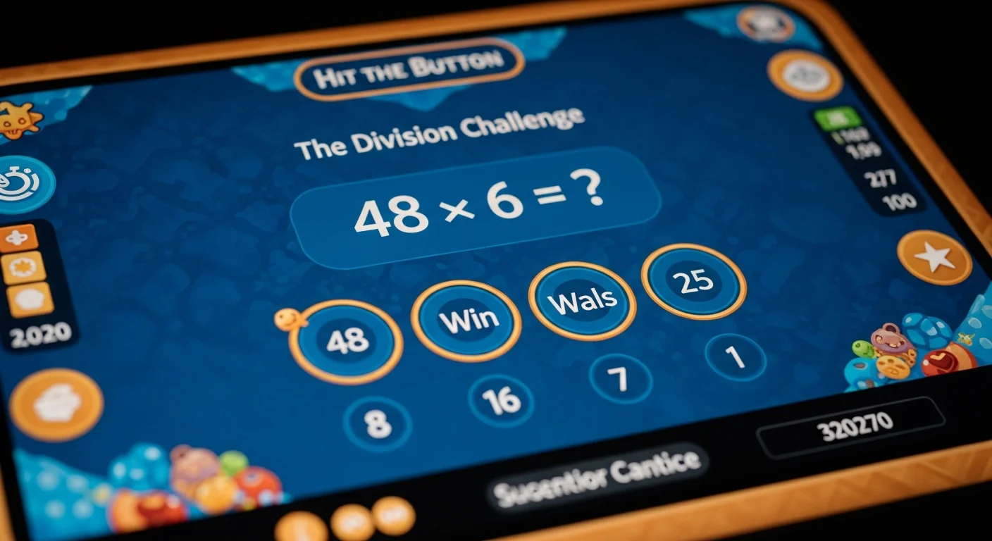 A screenshot from the Hit the Button math game showcasing a division challenge, with a question like '48 ÷ 6 = ?' and several answer options, alongside a timer indicating the remaining time.