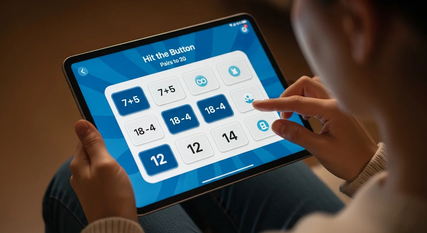 A screenshot of the Hit the Button game interface, clearly showing the 'Pairs to 20' game mode with several equations and target numbers displayed, highlighting the interactive nature of the game.