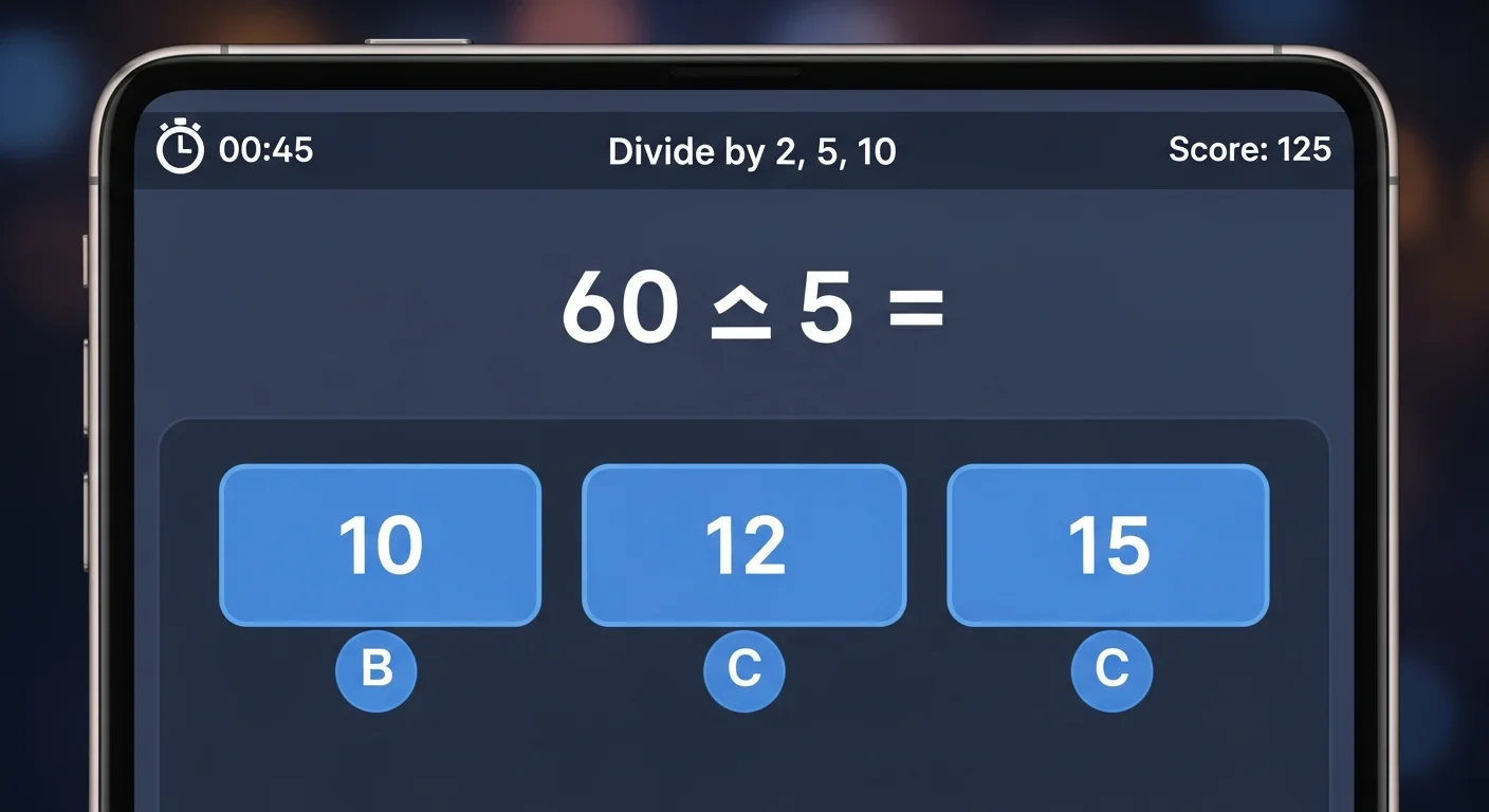 A screenshot of the Hit the Button math game interface, showcasing the 'Divide by 2, 5, 10' mode with a clear question and multiple-choice answers, along with a timer and score.