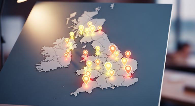 A vibrant, animated infographic showing the UK map with glowing points representing schools participating in the Hit the Button Challenge.