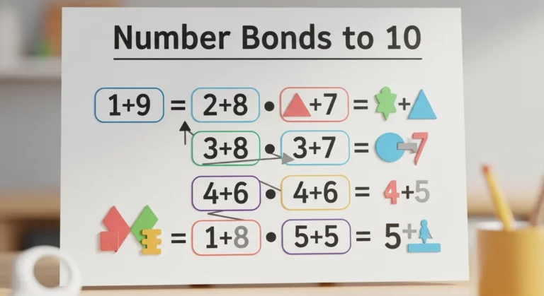 A vibrant infographic visually representing number bonds to 10, showing pairs like 1+9, 2+8, 3+7, 4+6, and 5+5.