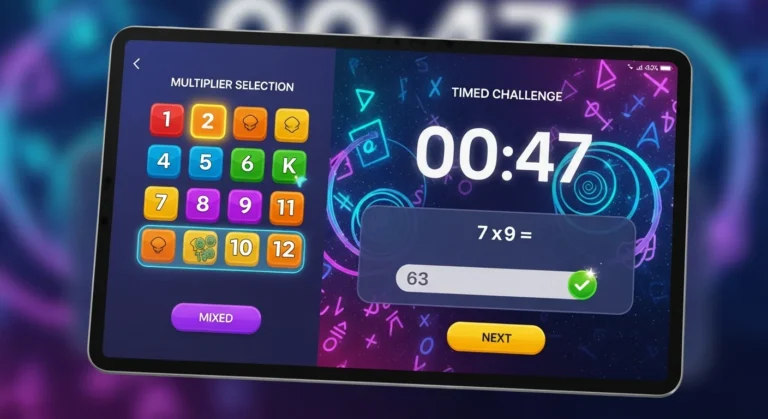 A vibrant screenshot of a digital times tables game showing a multiplier selection and a timed challenge with correct answer feedback.