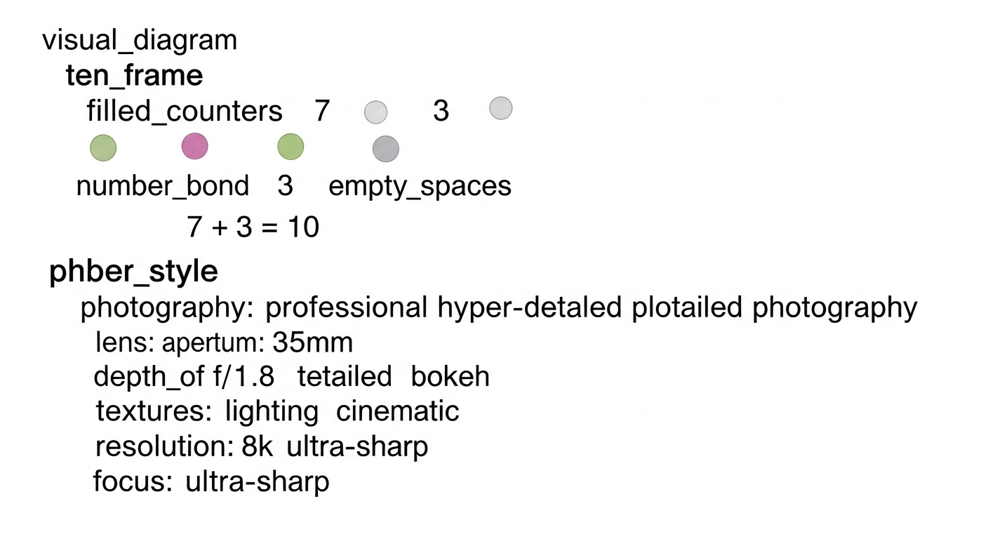 A visual diagram showing a ten frame with 7 counters filled and 3 empty spaces, clearly illustrating the number bond 7 + 3 = 10.