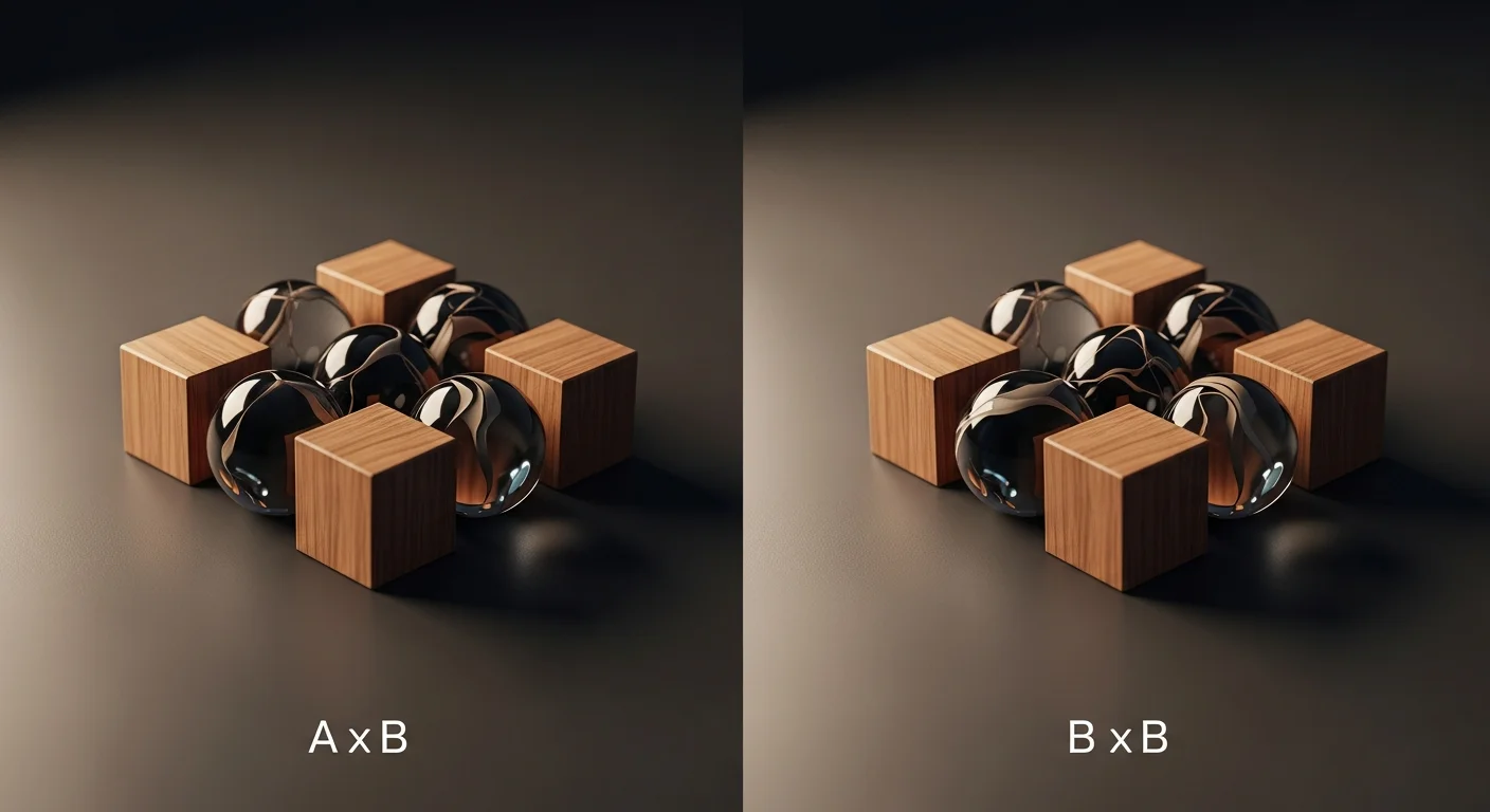 A visual representation of the commutative property of multiplication, showing two sets of identical objects arranged differently to illustrate that the product remains the same.