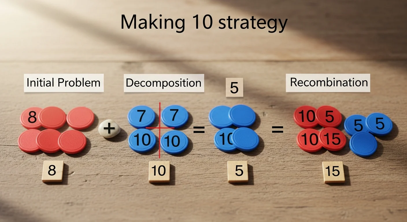 A visual representation of the 'making 10' strategy for number bonds to 20. It shows 8 + 7 being broken down into 8 + 2 (to make 10) + 5 (remaining from 7), resulting in 15.
