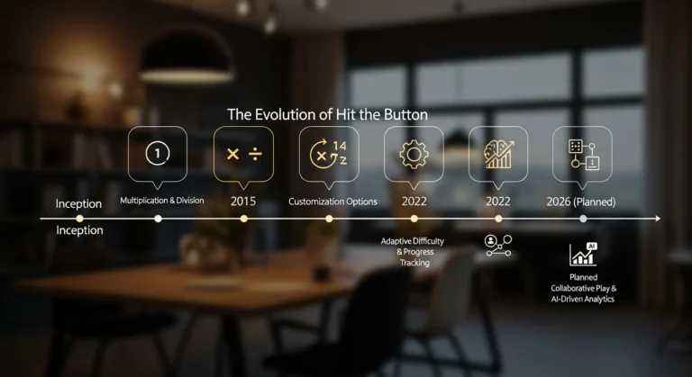 A visually engaging infographic showing the progression of Hit the Button features from its inception to the planned 2026 updates, highlighting key improvements.