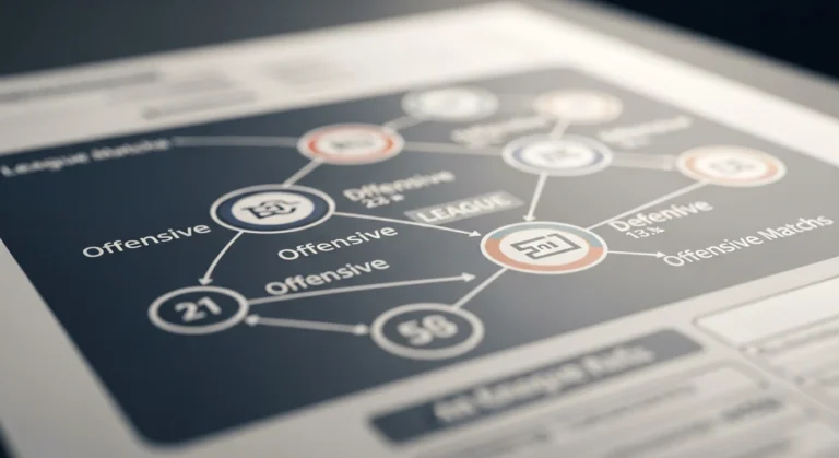 مخطط تفصيلي يوضح تدفق البيانات وتحليلها لمباريات الدوري، مع دوائر متصلة تمثل الإحصائيات الهجومية والدفاعية