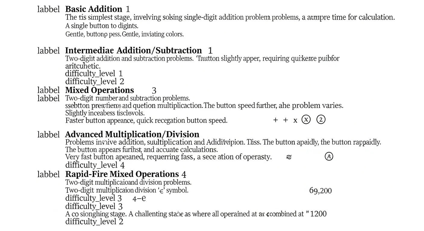 Diagram illustrating the progression of difficulty in the 'Hit the Button' game, from simple addition to multiplication and division at increasing speeds.