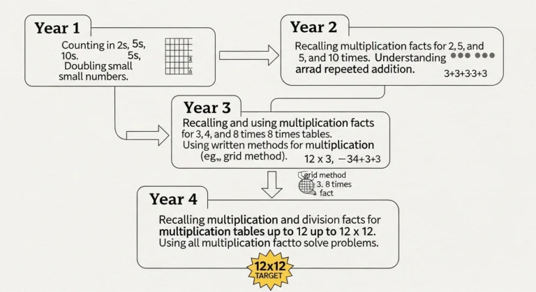 Diagram illustrating the progression of multiplication facts from Year 1 to Year 4 in the UK National Curriculum, highlighting the 12x12 target by Year 4.