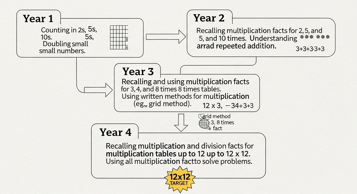 Diagram illustrating the progression of multiplication facts from Year 1 to Year 4 in the UK National Curriculum, highlighting the 12x12 target by Year 4.
