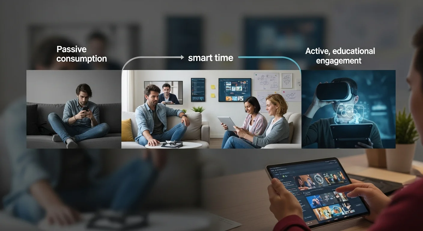 Diagram illustrating the spectrum of screen time, with 'passive consumption' on one end and 'active, educational engagement' on the other, highlighting 'smart time' in the middle.