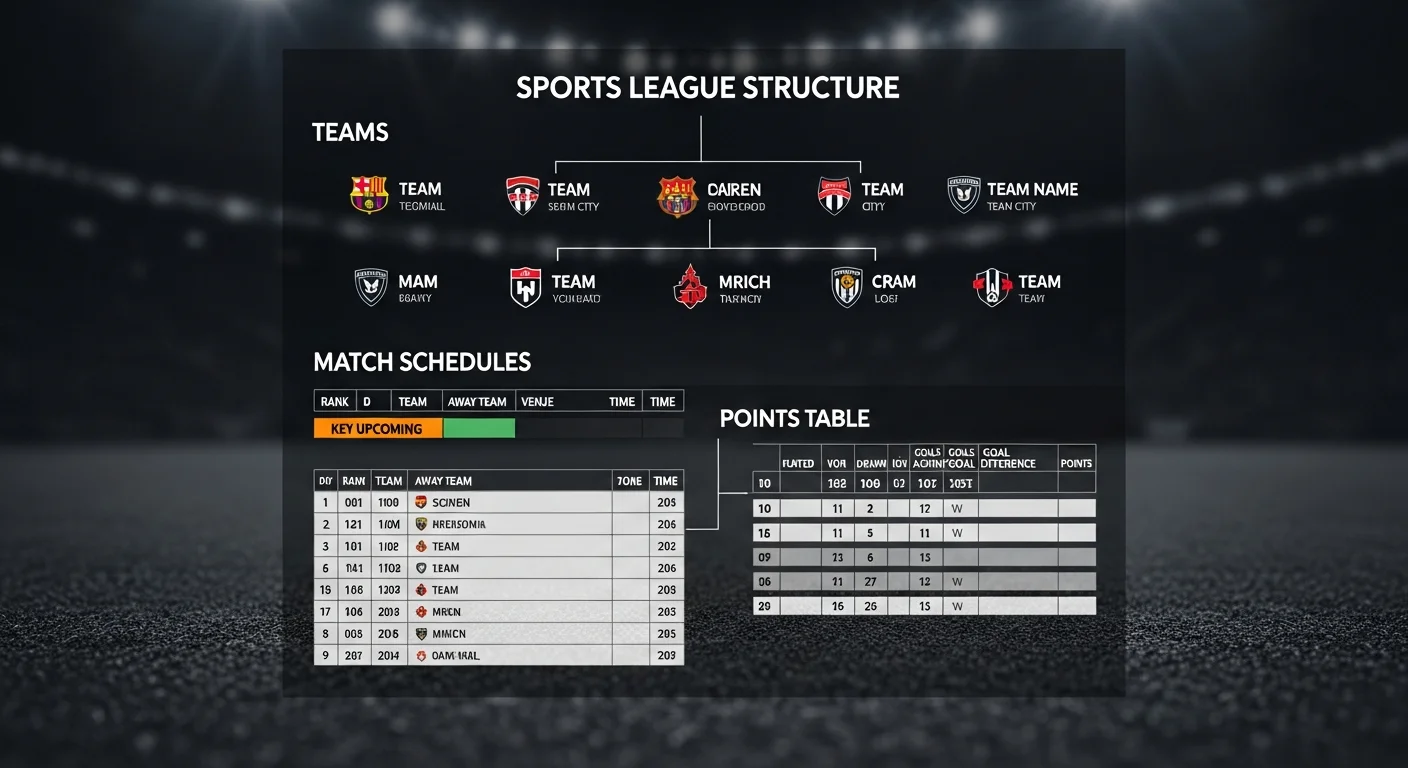 Diagram illustrating the structure of a sports league with teams, match schedules, and a points table.