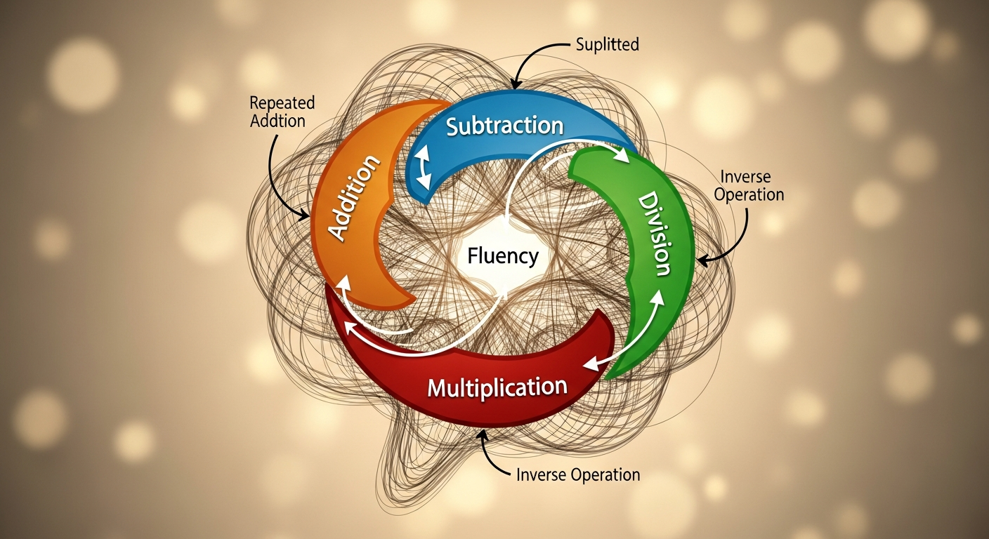 Diagram showing the interconnectedness of addition, subtraction, multiplication, and division, highlighting how fluency in one supports others.