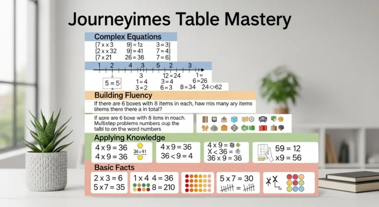 Infographic showcasing the progression of times table mastery from basic multiplication facts to more complex equations with visual aids.