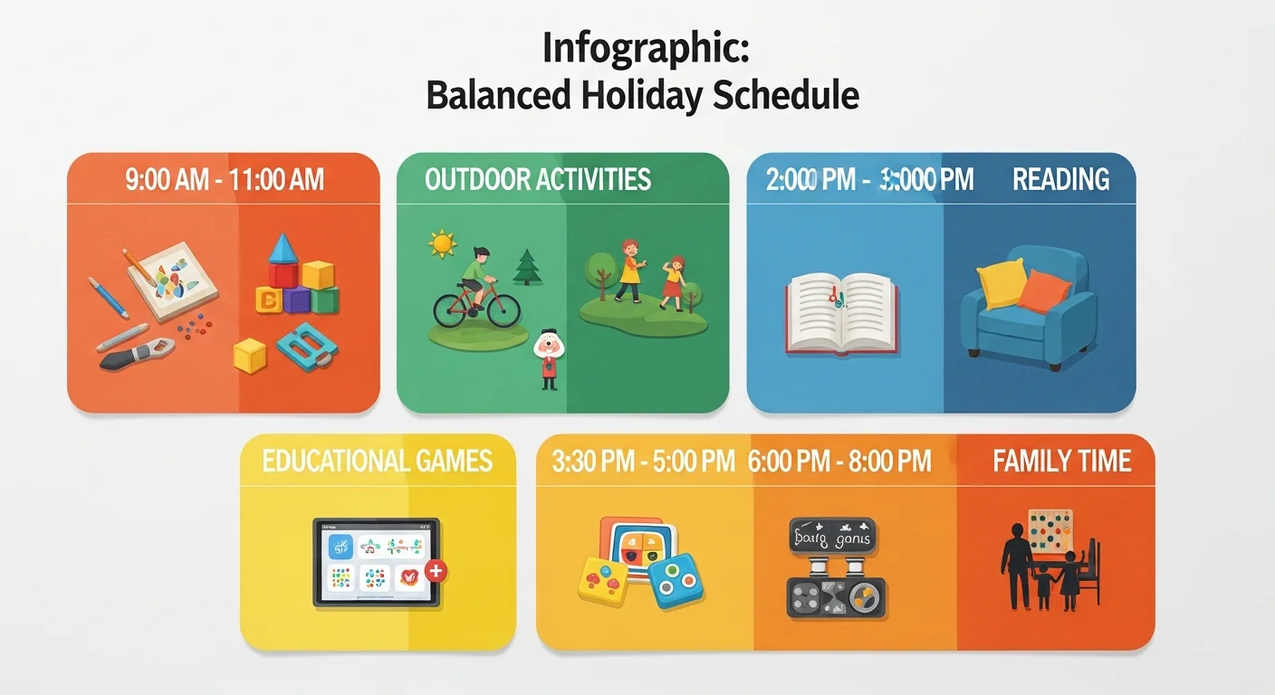 Infographic showing a balanced holiday schedule for children, with distinct blocks for 'Creative Play', 'Outdoor Activities', 'Reading', 'Educational Games (e.g., Hit the Button)', and 'Family Time'.