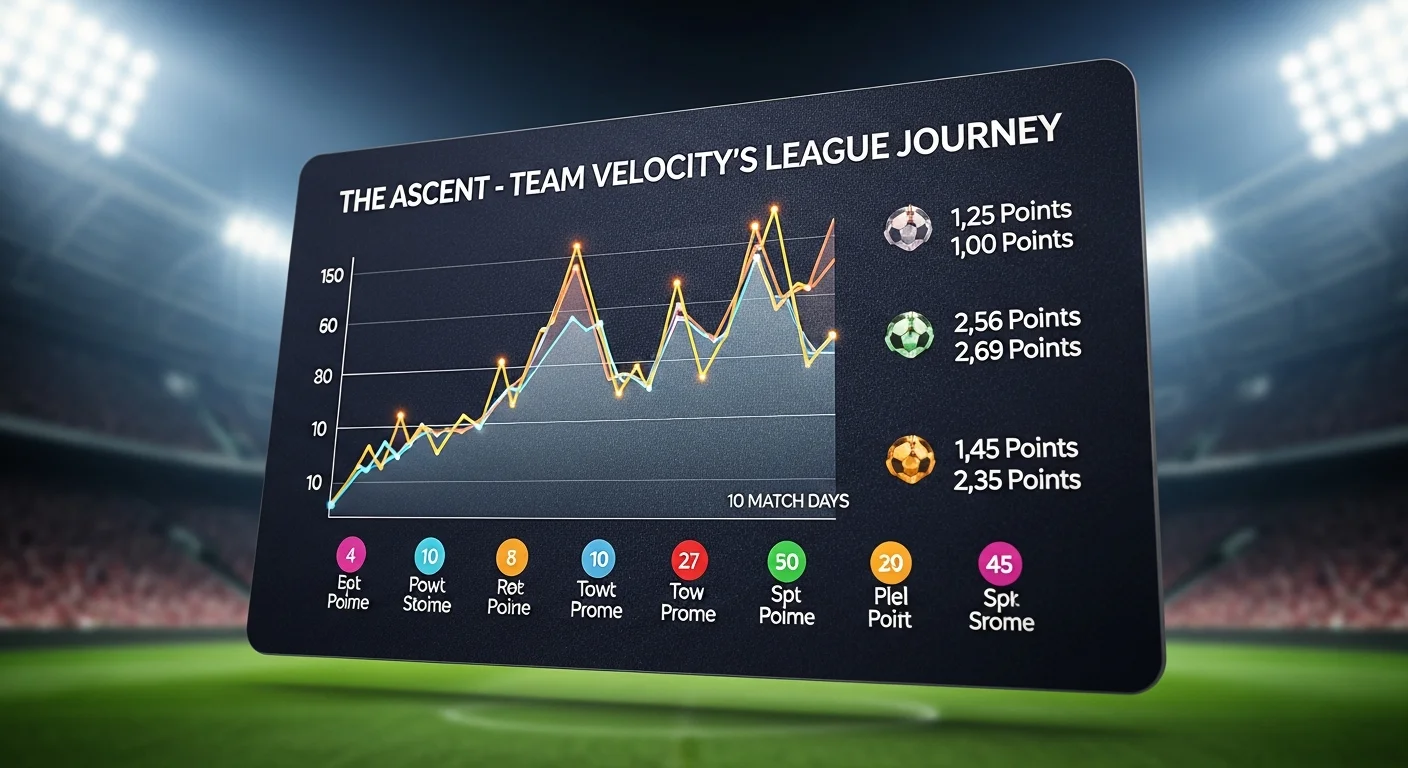Infographic showing the progression of a hypothetical football team's league standing over several match days, with accompanying point calculations.