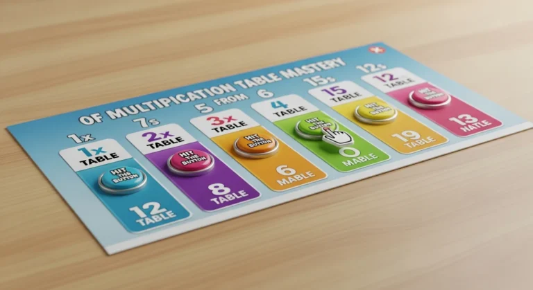 Infographic showing the progression of multiplication tables mastery from 1s to 12s, with Hit the Button icons at each stage.