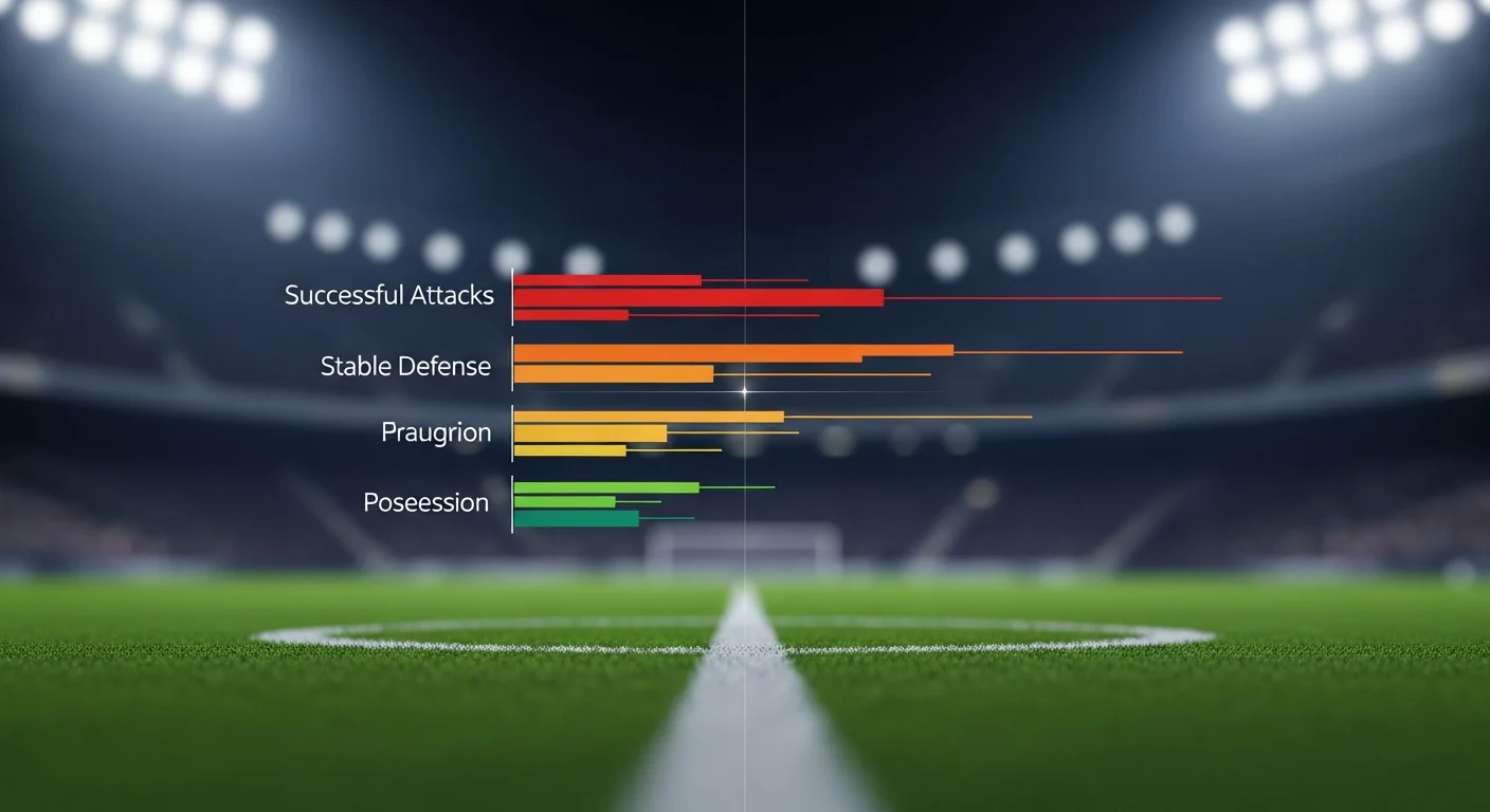 رسم بياني يوضح توازن القوى في مباراة دوري، مع أشرطة تمثل الهجمات الناجحة، الدفاع المستقر، والاستحواذ، مع خط فاصل يمثل منتصف الملعب