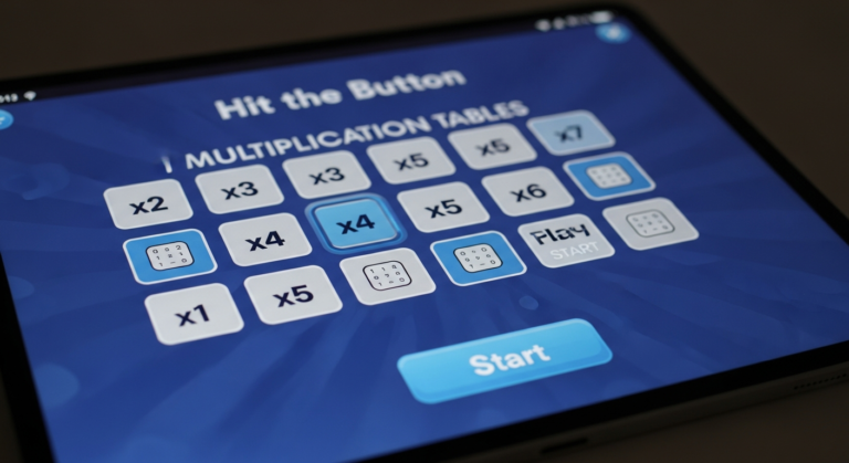 Screenshot of the Hit the Button game interface showing selection of multiplication tables.